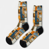 Chaussette Patchwork Art Déco géométrique en bleu et or (Gauche)