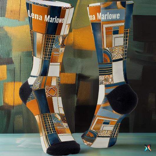Chaussette Patchwork Art Déco géométrique en bleu et or