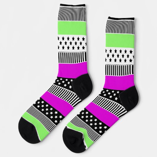 Chaussette Patchwork de rayures noir et blanc et néon (Gauche)