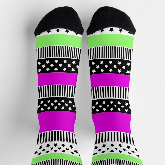 Chaussette Patchwork de rayures noir et blanc et néon (Haut)