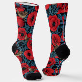 Chaussette Pavot rouge et brunes, feuilles bleus sur noir (Angulaire)