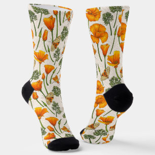 Chaussette Pavots de Californie et papillons de nuit sur fond