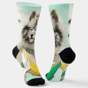Chaussette Peinture de Keeshond dans les tulipes, Art origina