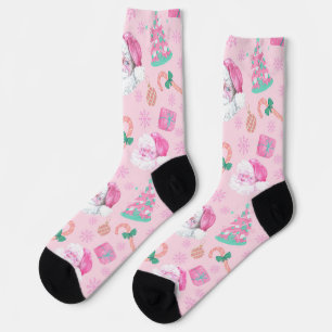 Chaussette Père Noël de Noël rose et arbre à motifs seamless