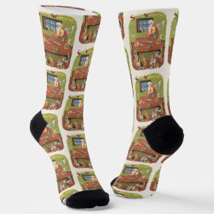 Chaussette Père Noël vintage de Noël avec des lutins dans l'a