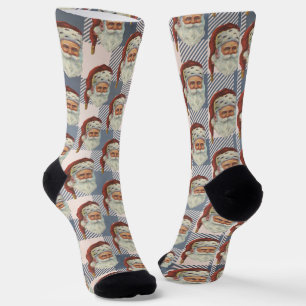Chaussette Père Noël vintage motif à carreaux bleus et blancs
