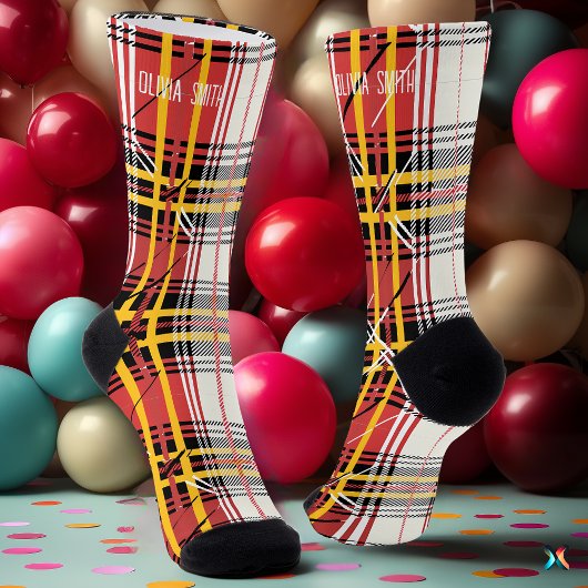 Chaussette Personalized Red and Yellow Tartan Plaid Custom
