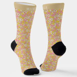 Chaussette Personnalisé Jaune Rose Floral Fleurs Motif