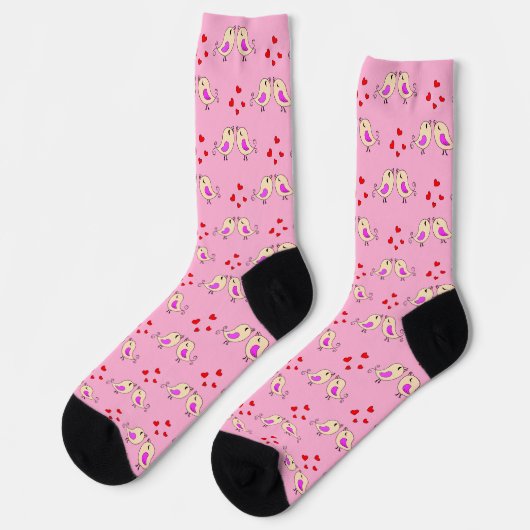Chaussette Petits Oiseaux et Coeurs Jaunes mignons en rose cl (Gauche)
