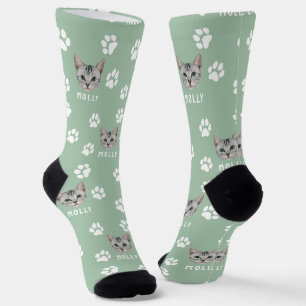 Chaussette Photo de chat personnalisé & nom Vert sauge