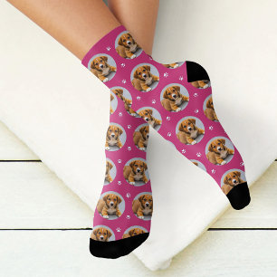 Chaussette Photo de chien personnalisé magenta amusant avec e