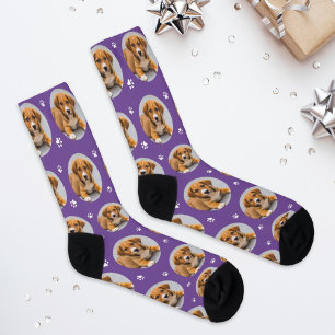 Chaussette Photo de chien personnalisée sur fond violet avec 