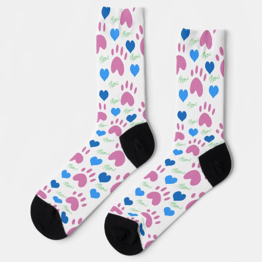 Chaussette Pink Cat Paws Blue Hearts Green Meow Pattern (Gauche)