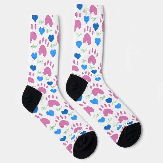 Chaussette Pink Cat Paws Blue Hearts Green Meow Pattern (Droite)