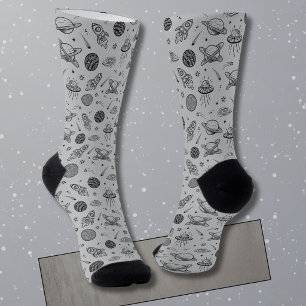 Chaussette Planètes fusées gris gribouillis espace