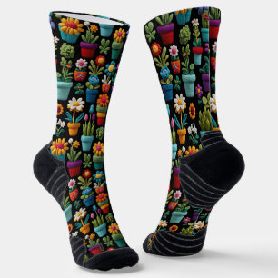 Chaussette Plantes Crochet Et Fleurs Dans Des Pots Multicolor