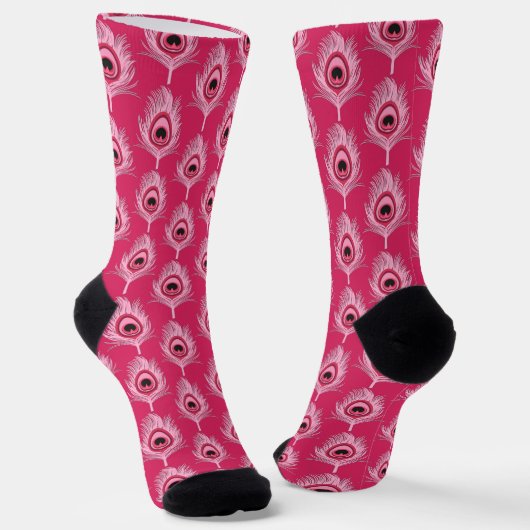 Chaussette Plumes de paon, rose pastel sur rose Fuchsia (Angulaire)
