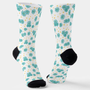 Chaussette Pois et marguerites - Turquoise et Jaune