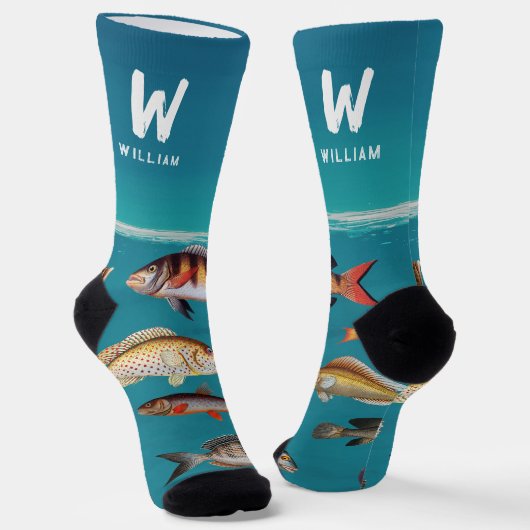 Chaussette Poisson Monogrammé Sous Océan Bleu (Angulaire)
