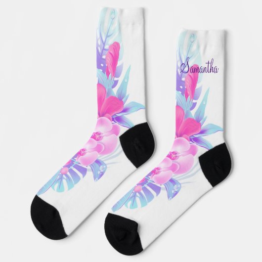 Chaussette Pretty Pink Blue Purple Floral Tropical (Gauche)