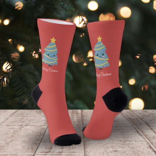 Chaussette Red Socks with Kawaii Christmas Tree