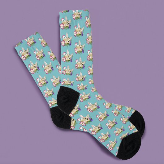 Chaussette Renard Fennec Fleurs Rose Violet Mignon Bleu Botan