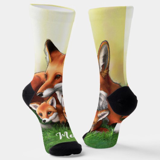 Chaussette Renard rouge Mère et Kits dans l'herbe (Angulaire)