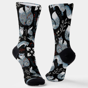 Chaussette Renards bleus stylisés avec des motifs floraux com