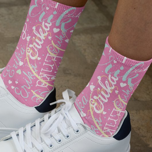 Chaussette Répéter son nom et ses coeurs ROSE romantique