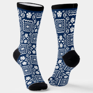 Chaussette rétro 60 blanc bleu motif floral