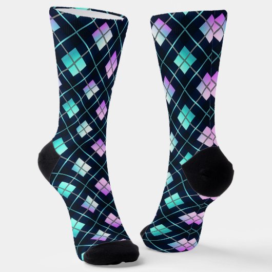 Chaussette Retro Futuristic Black, Blue & Pink Argyle Pattern (Angulaire)