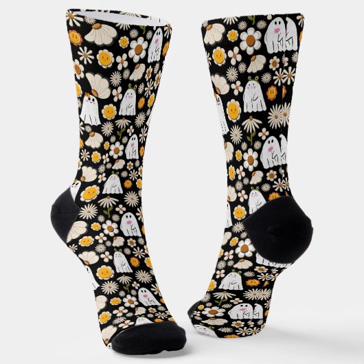 Chaussette Retro Ghost Flowers Halloween Seamless Pattern (Angulaire)