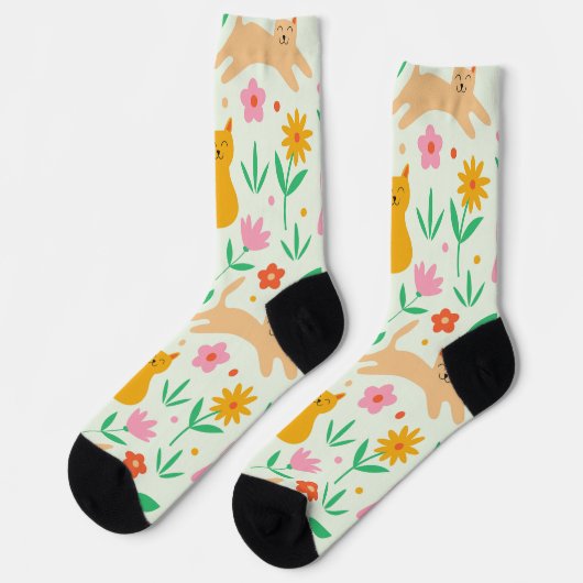 Chaussette Retro Happy Cats with Orange Red and peach flowers (Gauche)