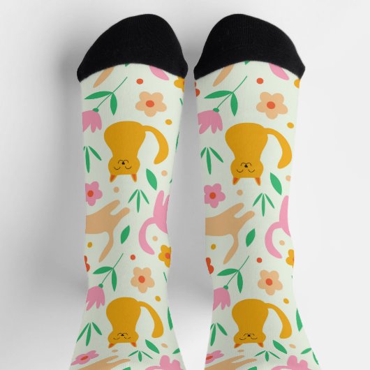 Chaussette Retro Happy Cats with Orange Red and peach flowers (Haut)