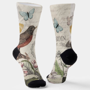 Chaussette Robin Elegant Bird Butterfly French Art