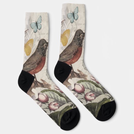 Chaussette Robin Elegant Bird Butterfly French Art (Droite)