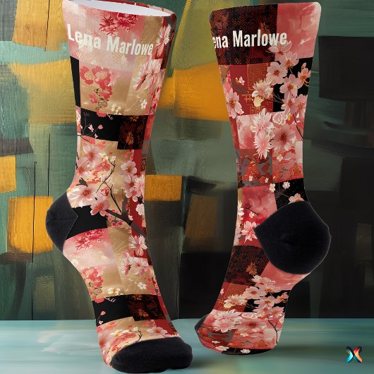 Chaussette Romantique rose cerisier fleuri Patchwork floral