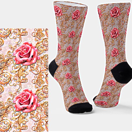 Chaussette Roses de dentelle d'or rose