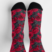 Chaussette Roses rouges avec feuilles gris sur noir (Haut)