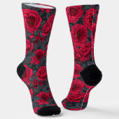 Chaussette Roses rouges avec feuilles gris sur noir (Angulaire)