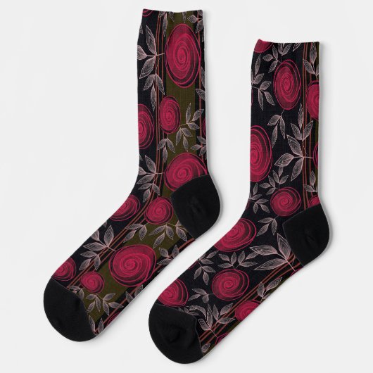 Chaussette Roses rouges sur noir. (Gauche)