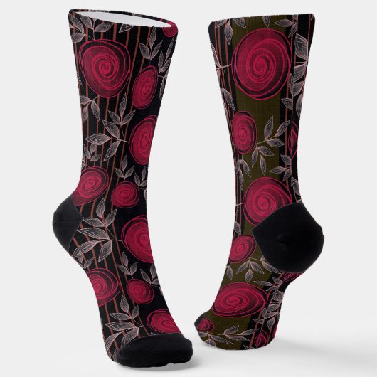 Chaussette Roses rouges sur noir. (Angulaire)