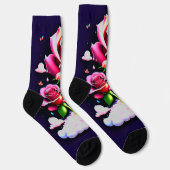 Chaussette Roses rouges sur nuage et papillon sur bleu foncé (Droite)