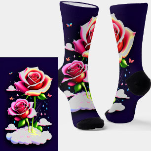 Chaussette Roses rouges sur nuage et papillon sur bleu foncé