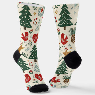 Chaussette Rouge Olive Nordique Motif Oiseau de Noël