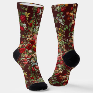 Chaussette Ruban à motif floral de rose victorienne bordeaux