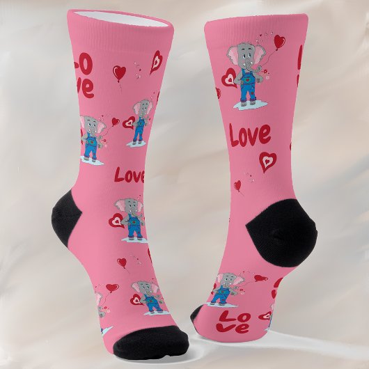 Chaussette Saint Valentin Cute Elephant Rose Red Crew Chausse