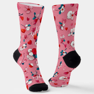 Chaussette Saint Valentin moderne, coeurs rouges monogramme,