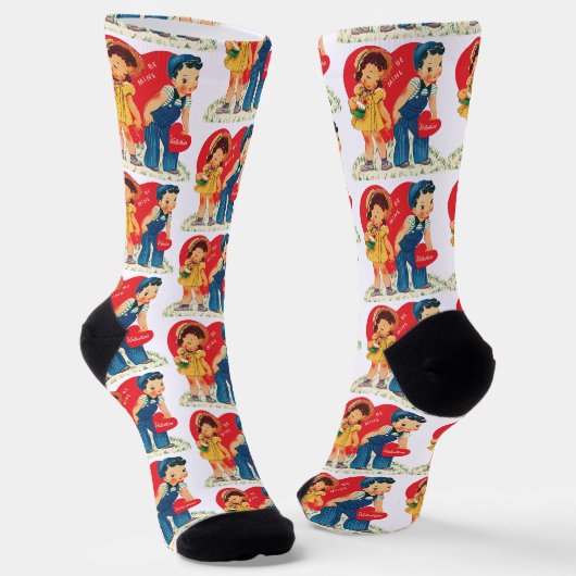 Chaussette Saint-Valentin Rétro, Cœurs de Fille et de Garçon (Angulaire)
