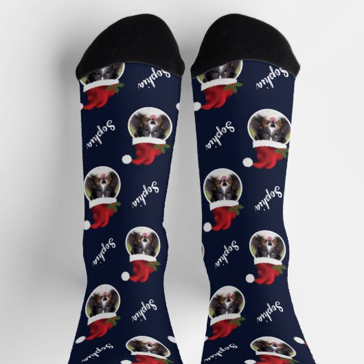 Chaussette Santa Hat Avec Photo Personnalisée Et Nom En Bleu (Haut)